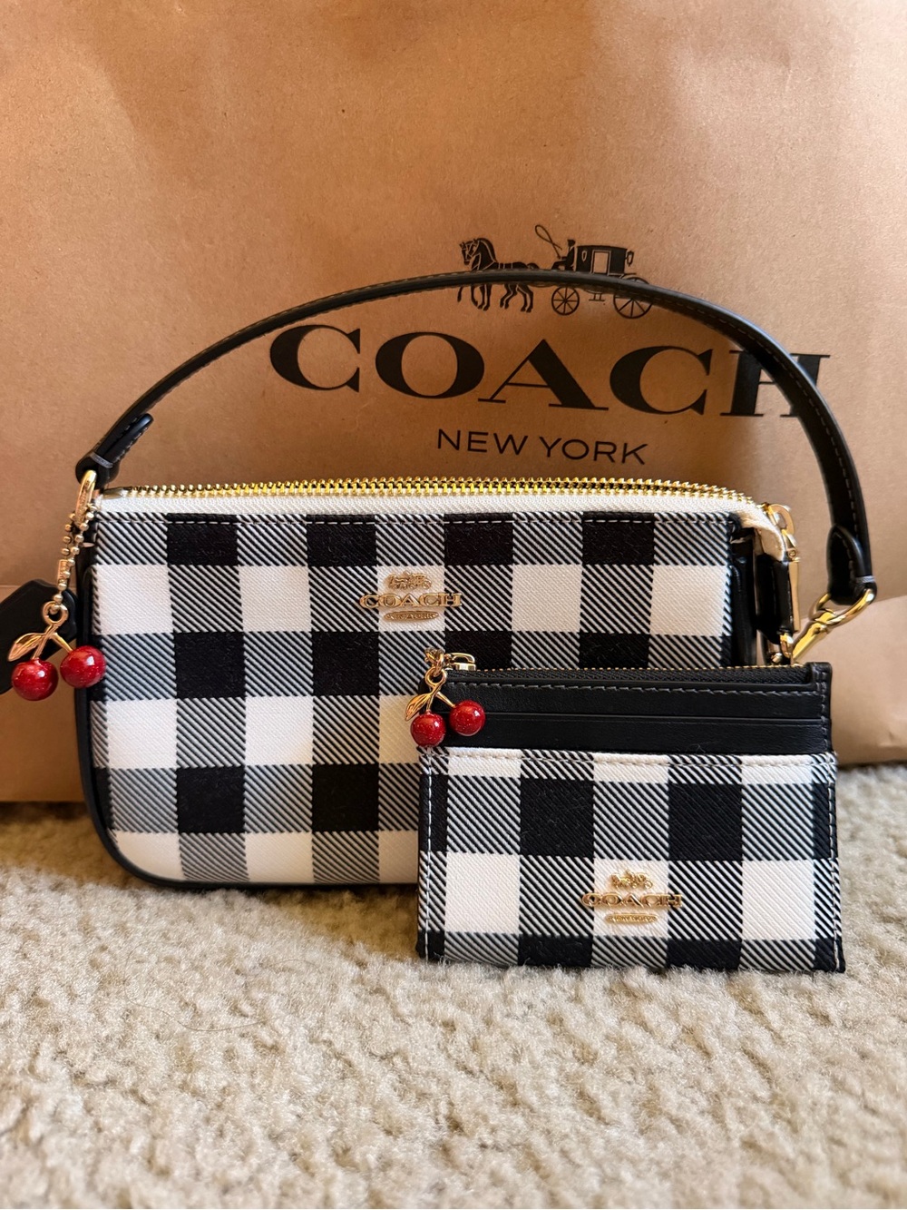 Coach Nolita 19 Gingham print with cherries and matching wallet